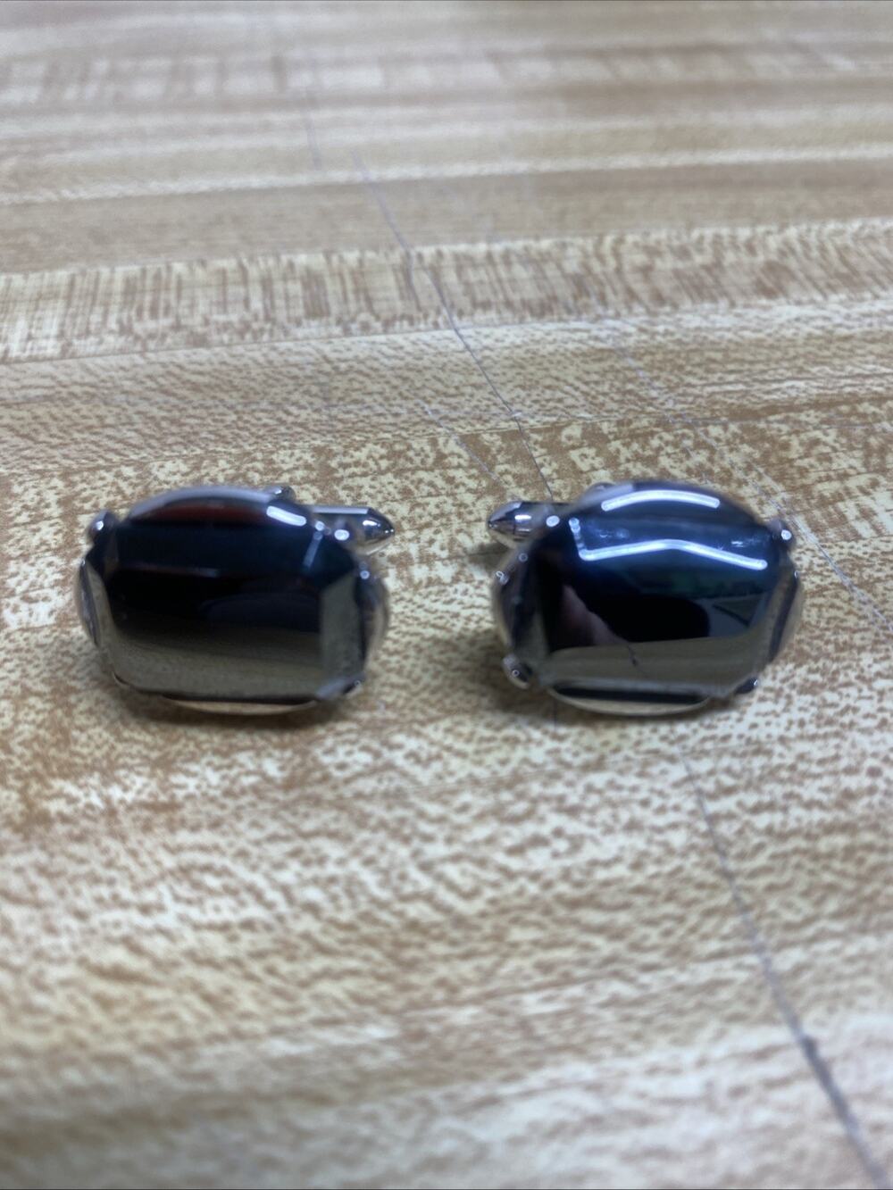 VTG 50s Swank Classic Oval Silver Tone w/Rectangular Black Stone Cufflinks